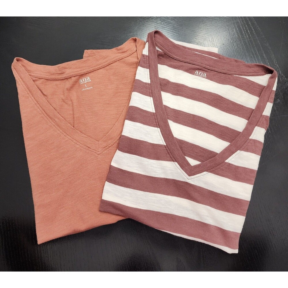 Ana V-Neck T-Shirts (2) - Coral & Striped L